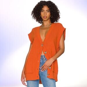 FREE PEOPLE Oakleigh Sweater Vest Ribbed Boyfriend Oversized Lagenlook Orange S
